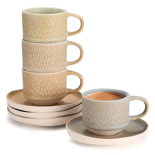 KooK 5.5 Oz Espresso Mug & Saucer Set - Ceramic, Rustic Organic Shape, Multicolor, Dishwasher & Microwave Safe
