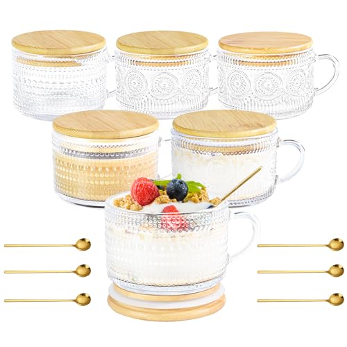 Icesip Hobnail Glass Mugs Set of 6 with Bamboo Lids & Spoons - 14oz, Sunflower & Hobnail Design