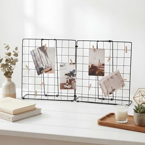 Double-Sided Foldable Metal Photo Display Board with 20 Wooden Clips