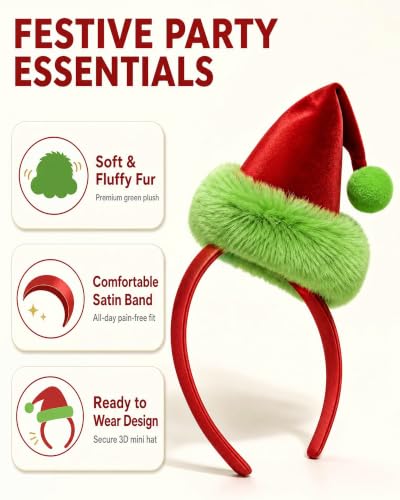 Christmas Santa Hat Headband Red Velvet Green Furry Trim Women Xmas Cosplay