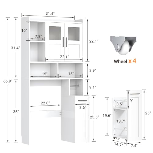 ELYKEN White Over The Toilet Storage Cabinet with Acrylic Doors & Pulley - Space-Saving Bathroom Organizer