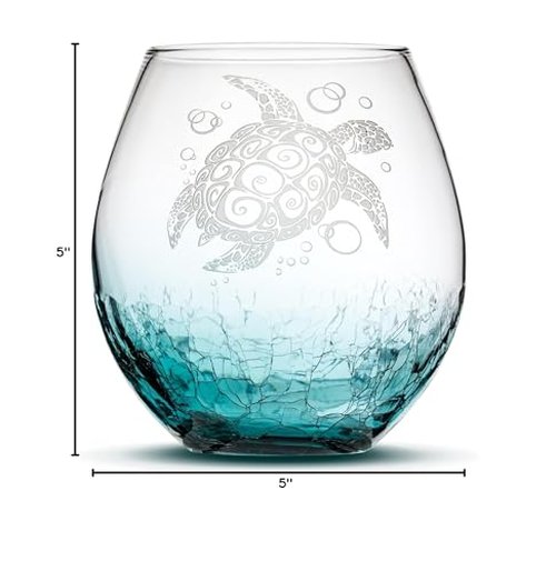 Integrity Bottles Tribal Sea Turtle Design Stemless Wine Glass, Handmade, Handblown, Hand Etched Gifts, Sand Carved, 18oz (Crackle Teal Turtle)