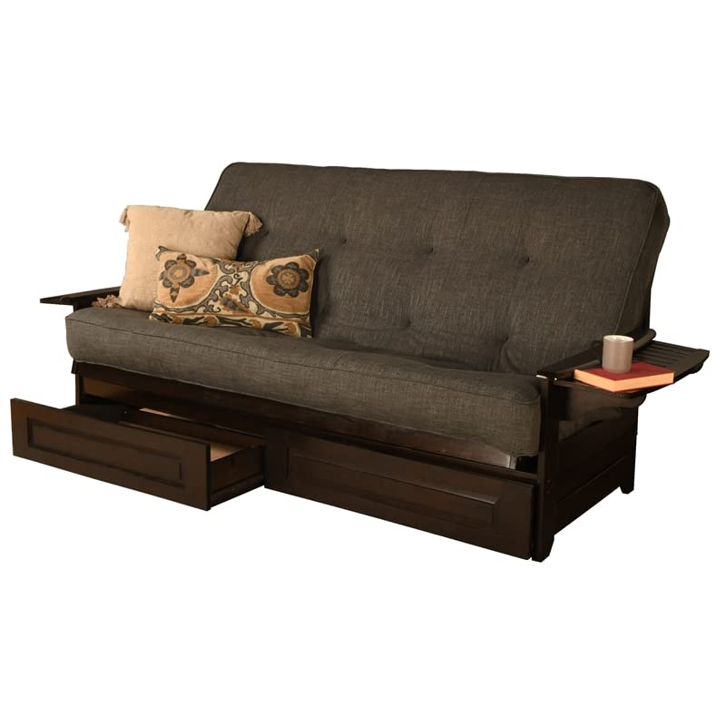 Queen Futon Sofa Bed with Storage Drawers and Charcoal Linen Mattress