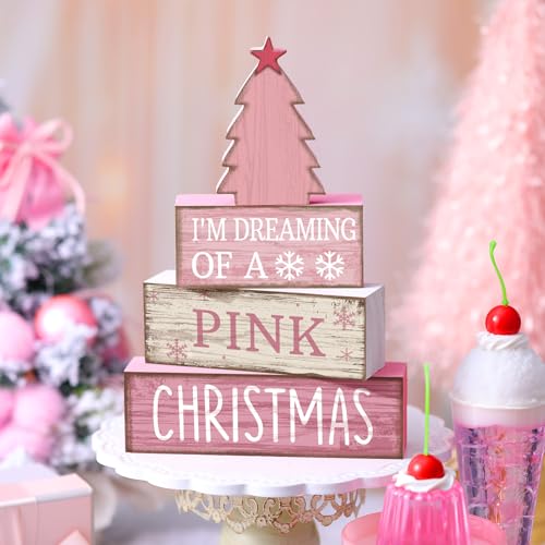 Lineshading Pink Christmas Tree Sign 4-Piece Wooden Table Decor Set