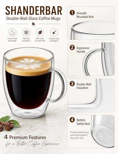 Shanderbar 12oz Double Walled Glass Coffee Mugs Set of 4 with Handles