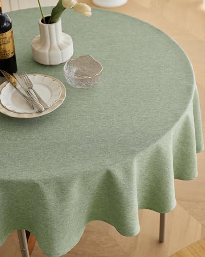 Faux Linen Round Tablecloth 60 Inch - Waterproof Sage Green Cover