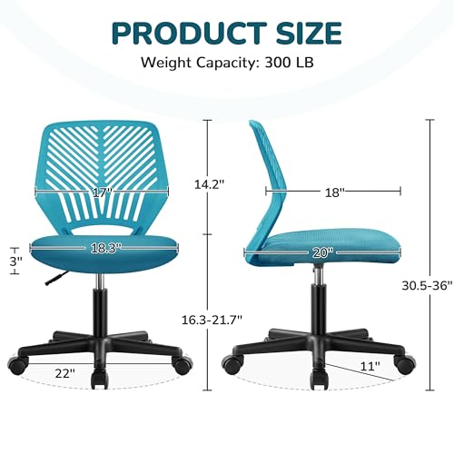 Armless Adjustable Swivel Office Chair, Ergonomic Small Desk Chair, Turquoise