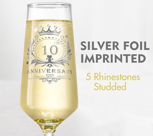 10th Anniversary Champagne Flutes Set of 2 - Elegant Hand-Blown Crystal Glasses, 7 OZ