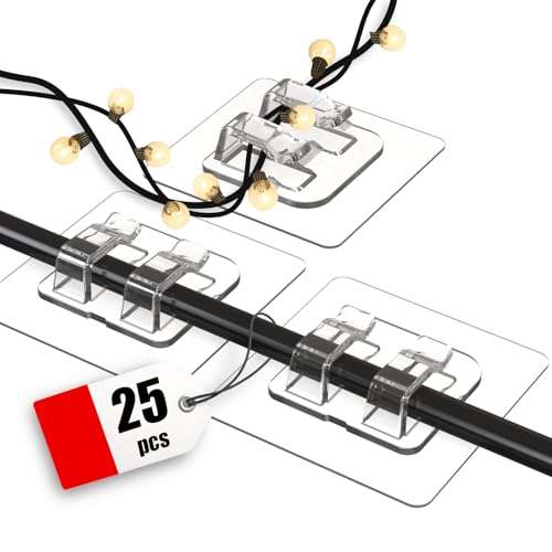 25 Pack Heavy Duty Outdoor String Light Hooks, Clear Self-Adhesive Cord Clips