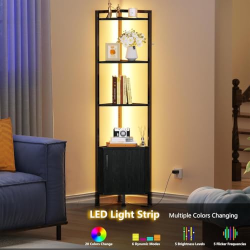 5-Tier Corner Bookshelf with LED Lighting and Storage Cabinet, 62.8-Inch Tall