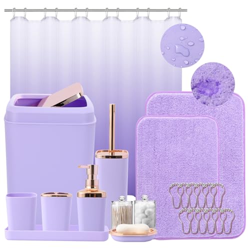 Complete Bathroom Accessory Set with Ombre Shower Curtain and Non-Slip Rugs