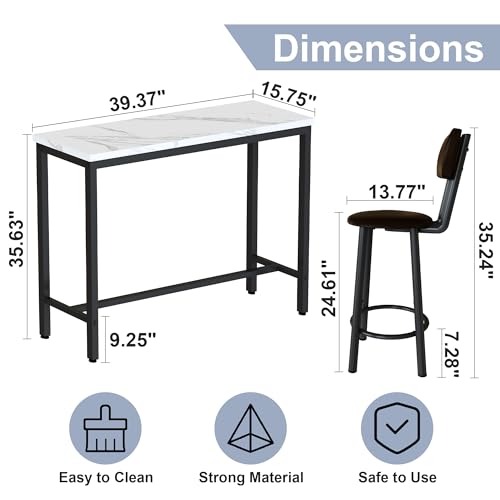 3-Piece Faux Marble Pub Table Set with 2 Backrest Stools for Small Spaces