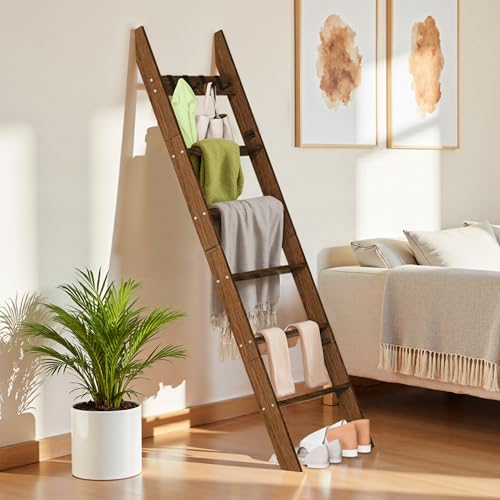 6-Tier Pine Wood Blanket Ladder, Rustic Quilt Rack with Hooks