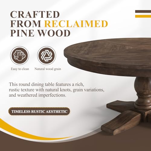 60-Inch Round Reclaimed Wood Dining Table with Pedestal Base - Farmhouse