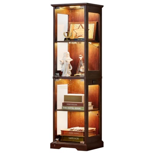 Narrow Glass Display Cabinet with Motion-Sensor Light, Walnut Wood