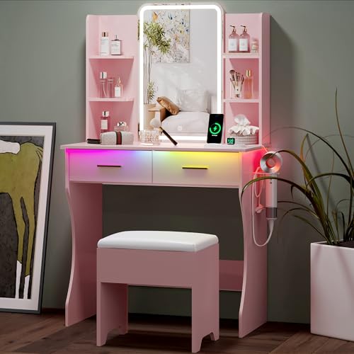 Small Vanity Desk with LED Mirror, Charging Station, and Storage Stool