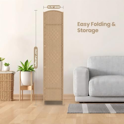 6-Panel Woven Room Divider, 6ft Tall Folding Privacy Screen, Light Beige