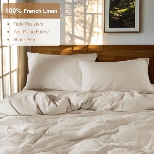 100% French Linen King Duvet Cover Set - 3-Piece Breathable Bedding