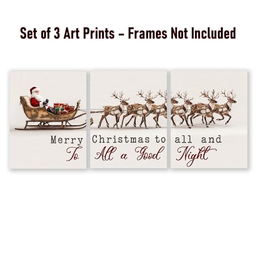 11x14 Inch Unframed Set of 3 Vintage Santa Reindeer Wall Art Prints