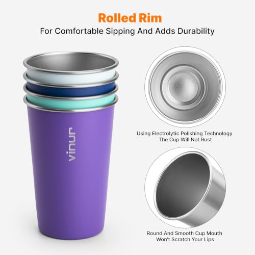 16 oz Stainless Steel Pint Cups - Set of 4 Colorful Stackable Metal Glasses