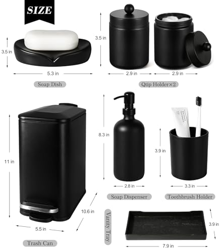 7-Piece Matte Black Glass Bathroom Accessory Set with Trash Can