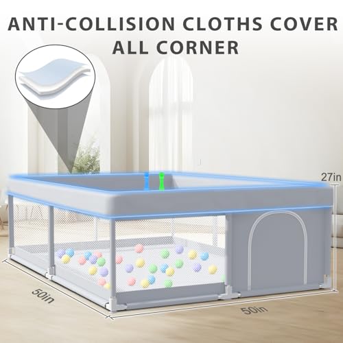Large Baby Playpen 50x50 Inch Toddler Play Yard with Breathable Mesh Grey