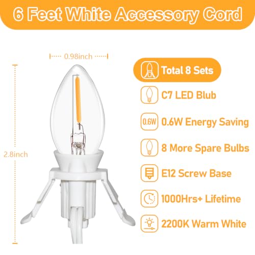 SOTOPOO 8-Piece 6ft White Lamp Cord with Switch + 16 C7 LED Bulbs, Energy 0.6W, UL/IP44, for Seasonal Village & Halloween Lights - White-LED Bulb Variation