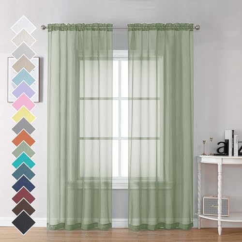 Sage Green Sheer Voile Window Curtains - 2 Panel Set, 42 x 84 Inches