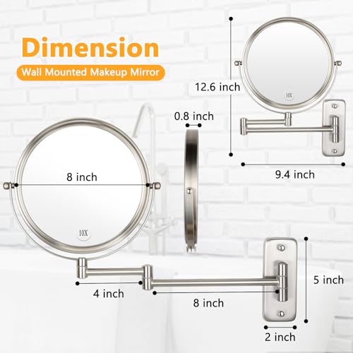 8 Inch Extendable Nickel Wall Mounted Makeup Mirror 1X/10X Magnification No LED - ALHAKIN