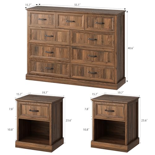 3-Piece Farmhouse Bedroom Furniture Set: 9-Drawer Dresser and 2 Nightstands