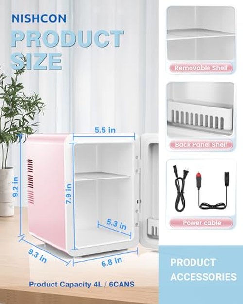 NISHCON Upgrade Skincare Fridge with Dimmable LED Light Mirror, 4L/6Can Cooler Warmer Mini Fridge for Skin care Cosmetic Makeup Beauty, Portable Mini Skincare Fridge for Bedroom Dorm Office Rv, Pink