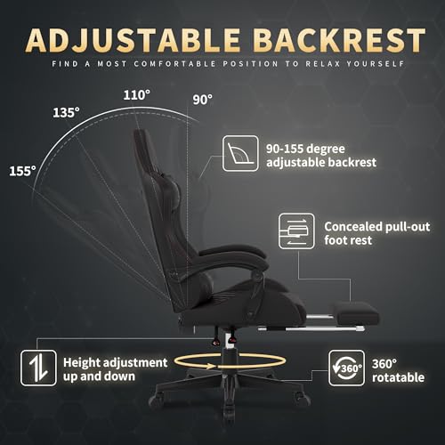 Ergonomic Gaming Chair with Footrest, 400lb Capacity, Lumbar Support (Black)