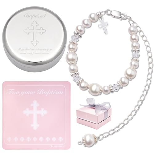 Sterling Silver & Cultured Pearl Baby Girl Baptism Bracelet with Keepsake Box