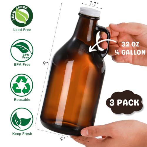 32 oz Amber Glass Growlers with Airtight Lids and Handles - 3 Pack Jugs