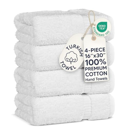 Premium Turkish Cotton Hand Towels - 4-Piece Set, 16" x 30", White