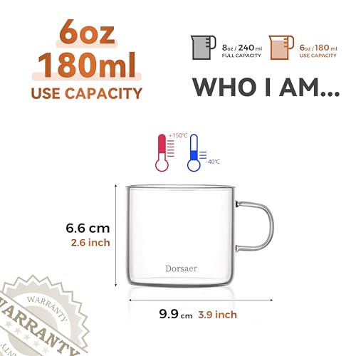 Minimalist Design 6oz Crystal Clear Glass Coffee Cups - Set of 2 for Latte, Tea, Hot Chocolate