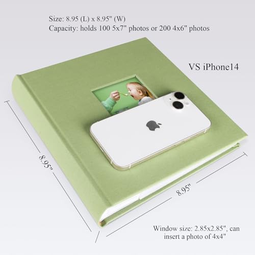 Linen Photo Album with Memo Writing Space, 100 Pages, Sage Green