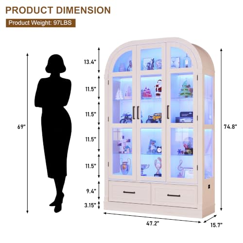 74-Inch Arched Glass Display Cabinet with Motion Sensor Tri-Color Lighting