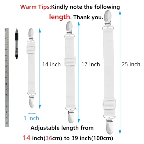 Adjustable Bed Sheet Straps - 10 Pack Elastic Sheet Clips & Fasteners, White