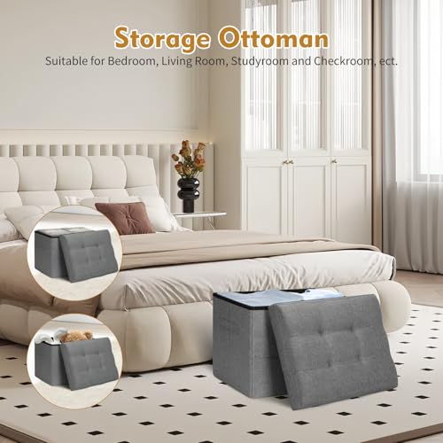 17-Inch Folding Storage Ottoman with Side Pocket, Dark Gray Linen Footstool