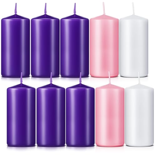 Amylove 10 Pcs 3x6 Inch Unscented Advent Candle Set Pink Purple White for Christmas Wreaths