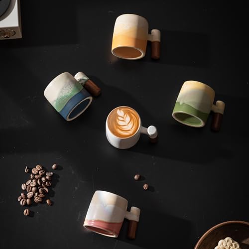 Dicmracy Kiln Turning Blue 2oz Ceramic Espresso Cups with Wooden Handle, 2/4-Piece Set, Handmade Coffee & Tea Mugs