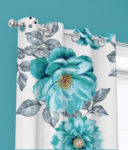 Teal Floral Curtain Set with Grommets - 6 Pcs (2 Print + 4 Solid, 38"x84")