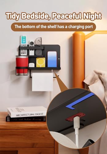 Wall-Mounted Bedside Organizer with Cup and Tissue Holder - White Metal