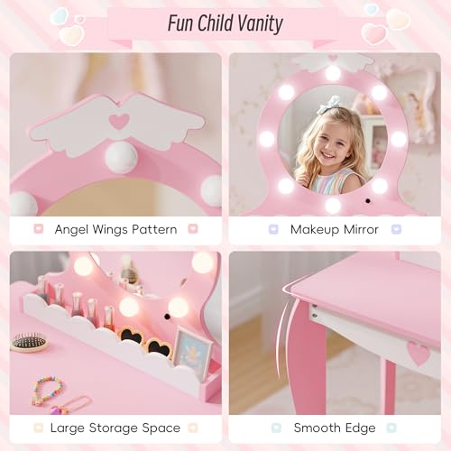 Kids Vanity Set with Lighted Mirror and Stool, Pink Princess Makeup Table