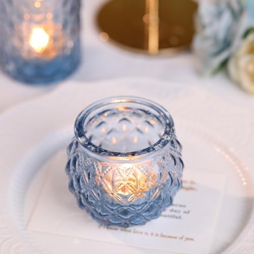 Blue Glass Votive Candle Holders Set of 24 - Textured Design for Weddings & Parties