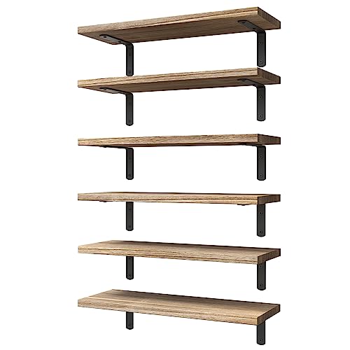 Rustic Wood Floating Shelves Set of 6 - Wall Mounted Storage Shelves