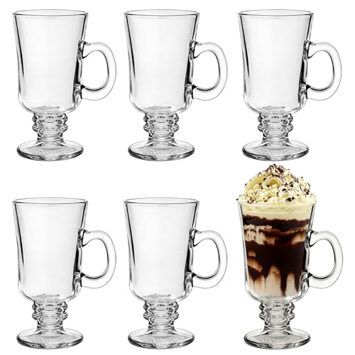 Vitrignis 8oz Irish Coffee Mugs Set of 6 - Clear Glass Handles & High Base