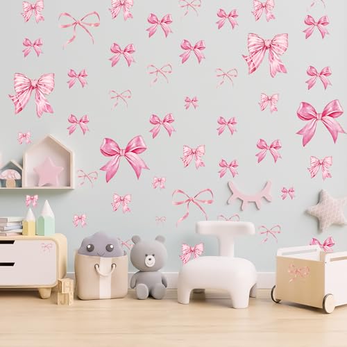 Pink Bow Wall Decals - 46 Pcs Watercolor Bow Knot Peel-and-Stick Stickers