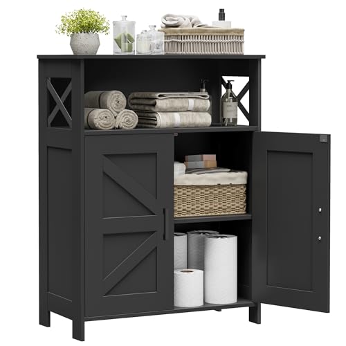 Farmhouse Bathroom Storage Cabinet with Barn Doors, Small Floor Cabinet, Black